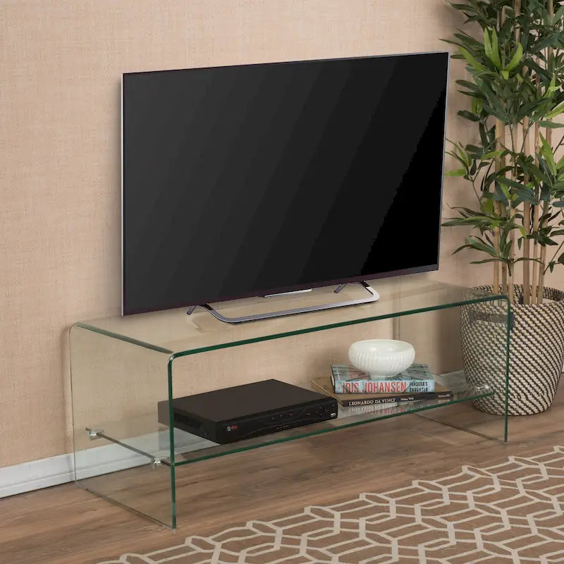 Meuble TV Transparent de 39,37 po avec Dos Ouvert et Étagère en Verre, pour TV Jusqu'à 39 po