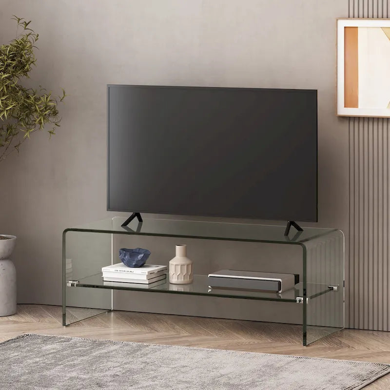 Meuble TV Transparent de 39,37 po avec Dos Ouvert et Étagère en Verre, pour TV Jusqu'à 39 po