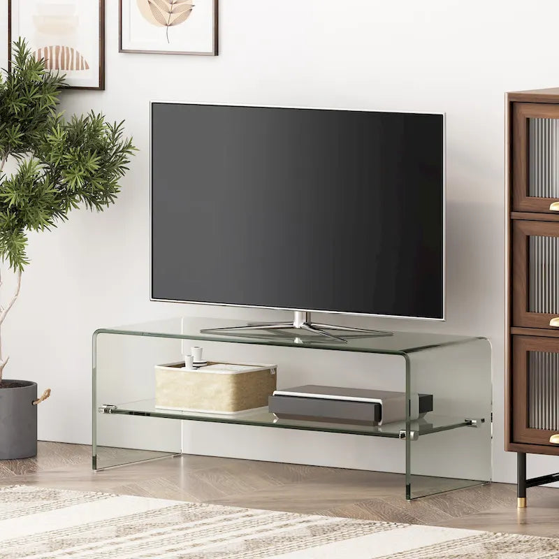 Meuble TV Transparent de 39,37 po avec Dos Ouvert et Étagère en Verre, pour TV Jusqu'à 39 po
