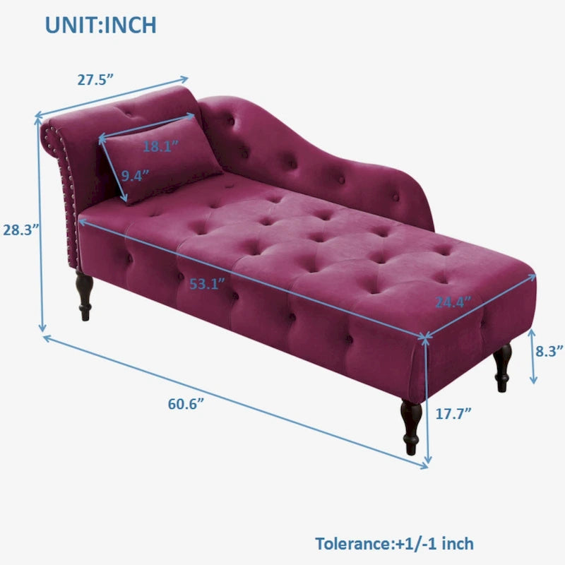Chaise longue en velours capitonné de 60,6 po avec clous décoratifs