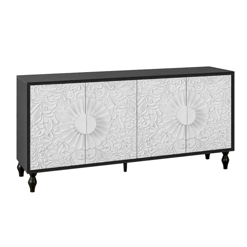 Bahut de rangement grand format Lily Carved Flower Door avec étagères