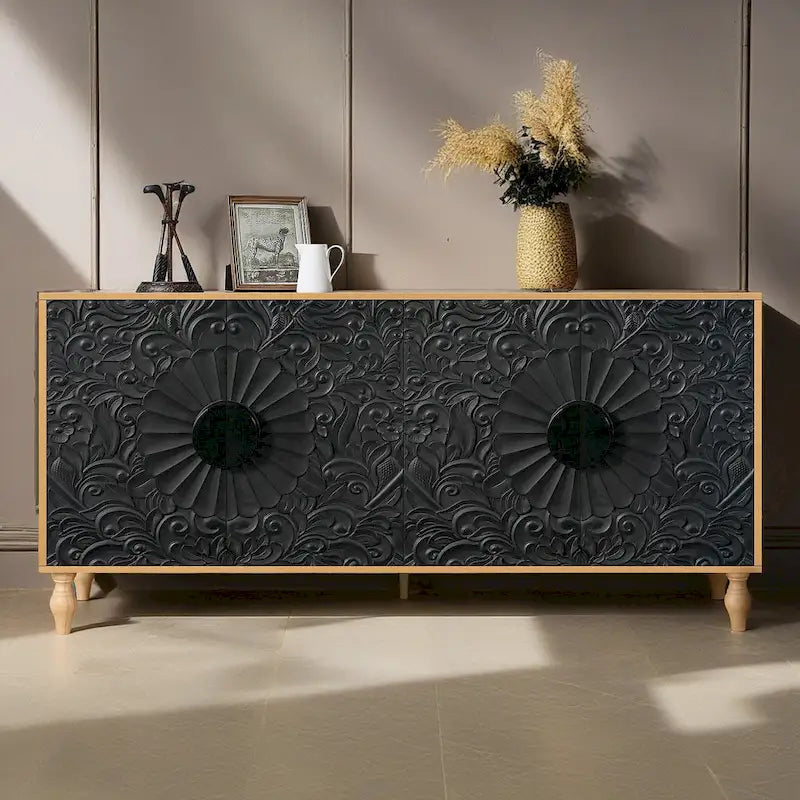 Bahut de rangement grand format Lily Carved Flower Door avec étagères