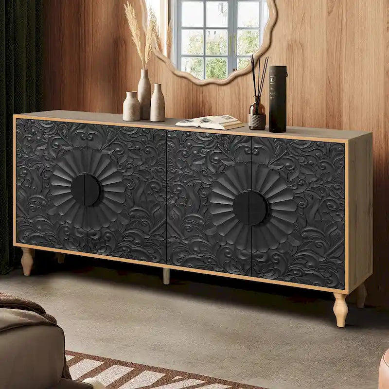 Bahut de rangement grand format Lily Carved Flower Door avec étagères