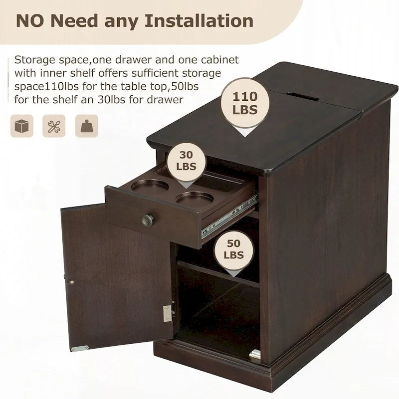 Table d'appoint avec ports USB et un tiroir multifonctionnel avec porte-gobelets