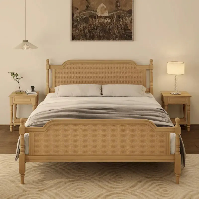 Lit plateforme de style traditionnel avec tête de lit en rotin