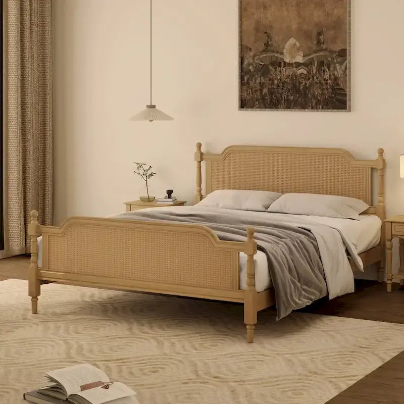Lit plateforme de style traditionnel avec tête de lit en rotin
