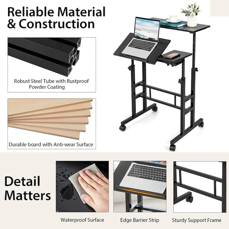 Bureau d'ordinateur inclinable et réglable pour position debout, mobile