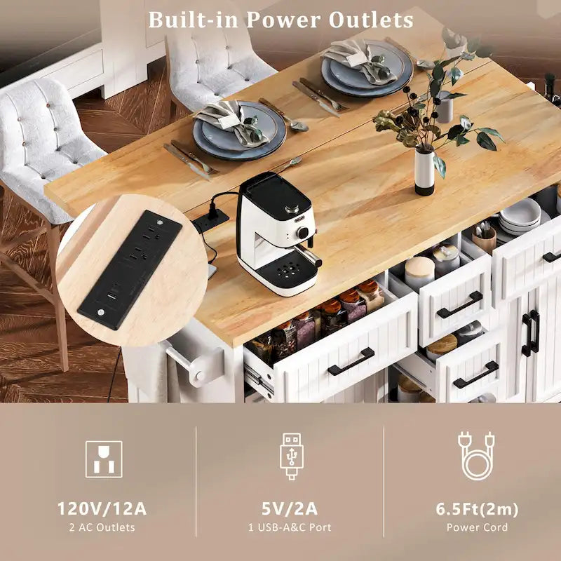 Îlot de cuisine de 56,5 po avec abattant et station de recharge