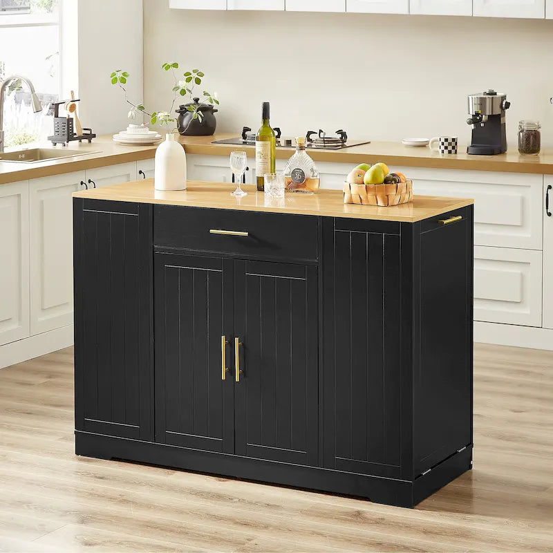 Îlot de cuisine avec poubelle basculante intégrée, table îlot mobile avec tiroir