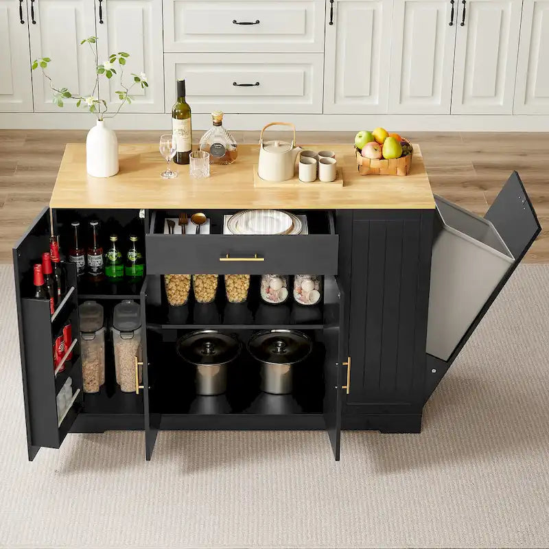 Îlot de cuisine avec poubelle basculante intégrée, table îlot mobile avec tiroir