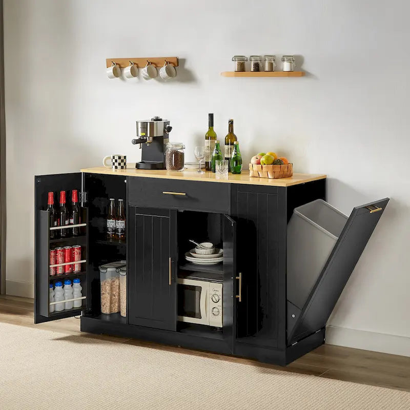 Îlot de cuisine avec poubelle basculante intégrée, table îlot mobile avec tiroir