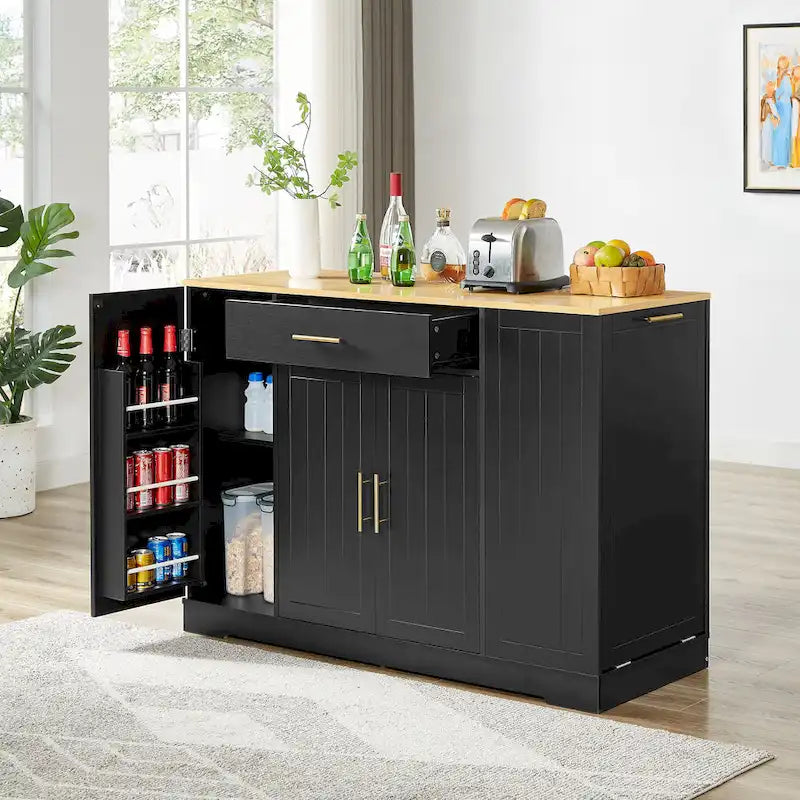 Îlot de cuisine avec poubelle basculante intégrée, table îlot mobile avec tiroir