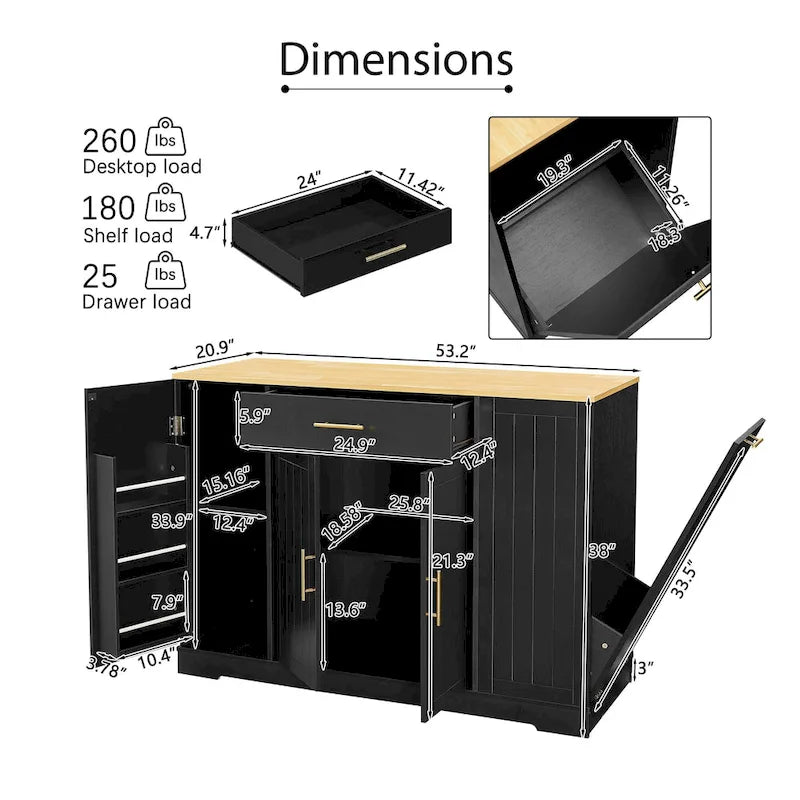 Îlot de cuisine avec poubelle basculante intégrée, table îlot mobile avec tiroir