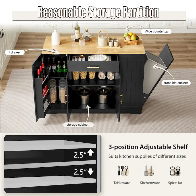 Îlot de cuisine avec poubelle basculante intégrée, table îlot mobile avec tiroir