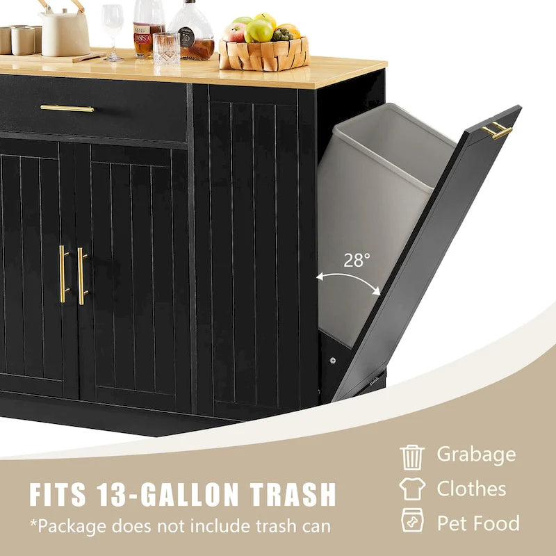 Îlot de cuisine avec poubelle basculante intégrée, table îlot mobile avec tiroir
