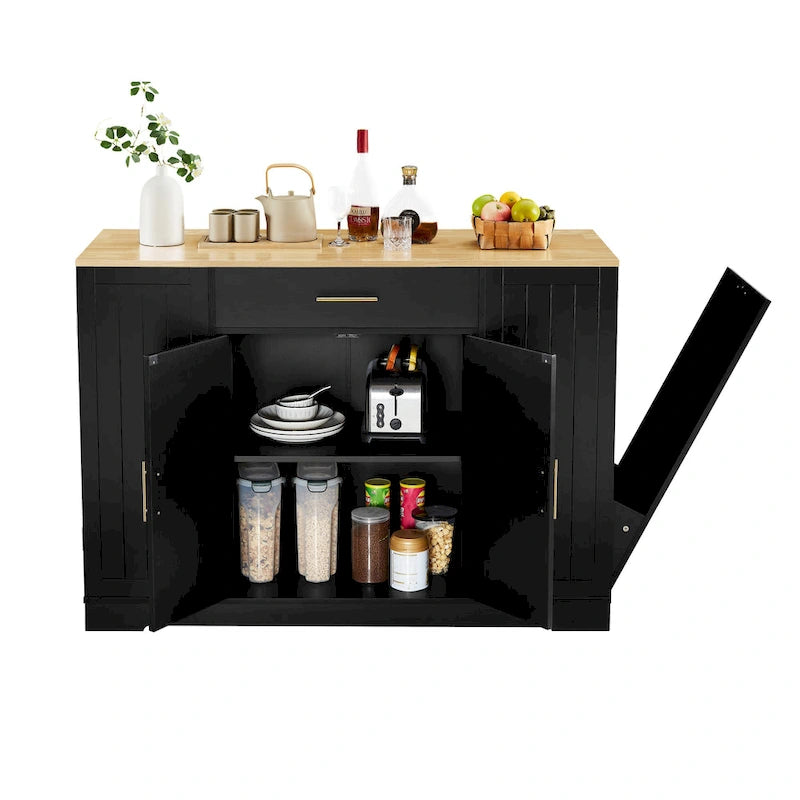 Îlot de cuisine avec poubelle basculante intégrée, table îlot mobile avec tiroir