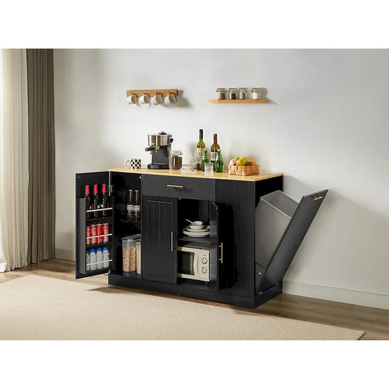 Îlot de cuisine avec poubelle basculante intégrée, table îlot mobile avec tiroir