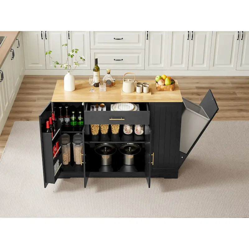 Îlot de cuisine avec poubelle basculante intégrée, table îlot mobile avec tiroir