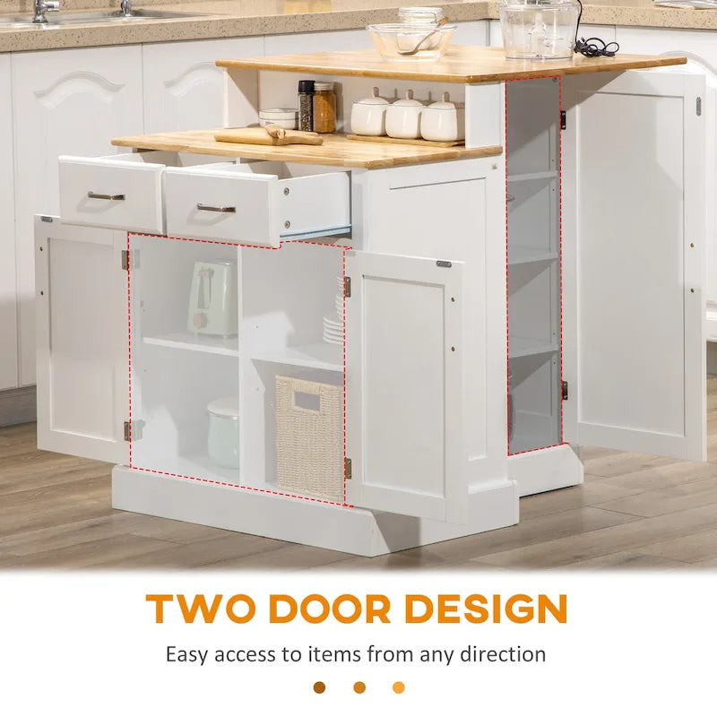 Îlot de cuisine avec armoire de rangement et plateau en bois d'hévéa à 2 niveaux