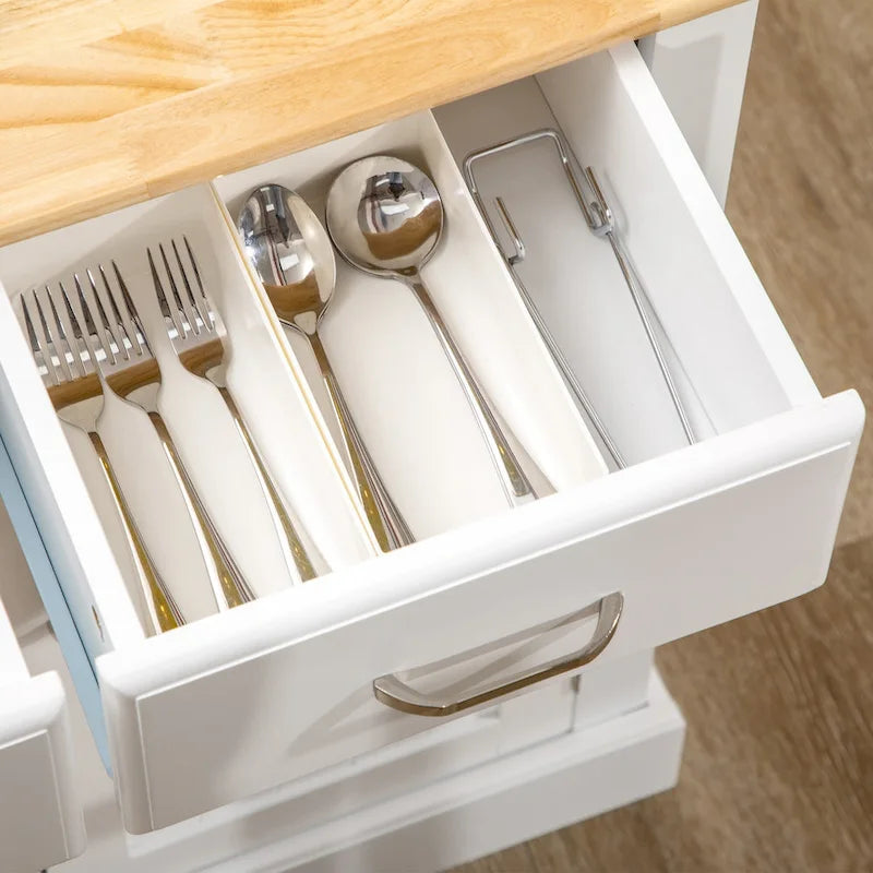 Îlot de cuisine avec armoire de rangement et plateau en bois d'hévéa à 2 niveaux