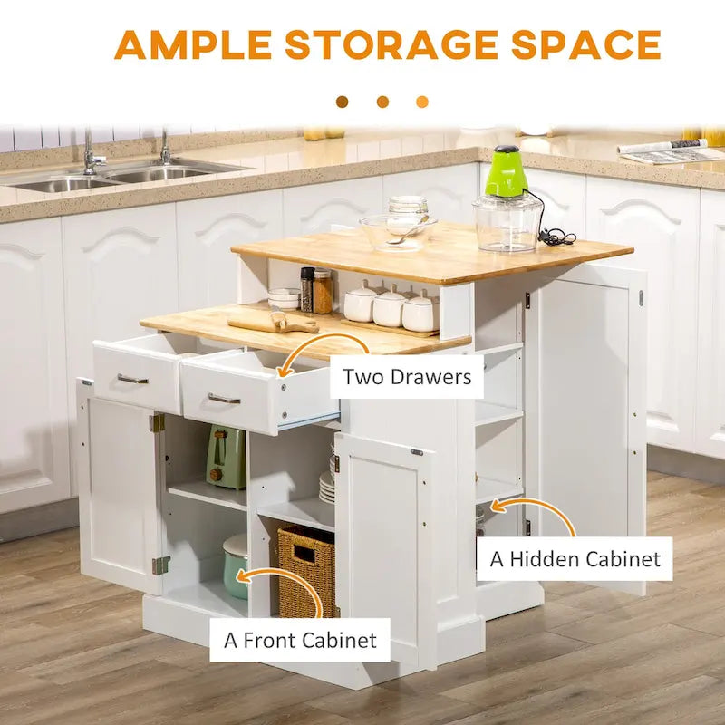 Îlot de cuisine avec armoire de rangement et plateau en bois d'hévéa à 2 niveaux