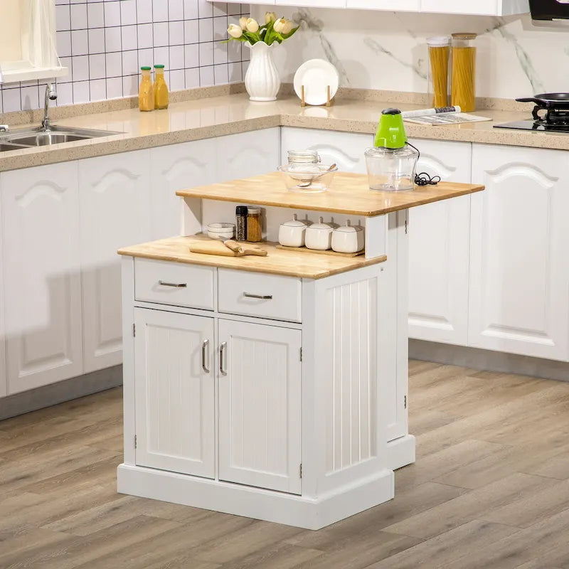 Îlot de cuisine avec armoire de rangement et plateau en bois d'hévéa à 2 niveaux