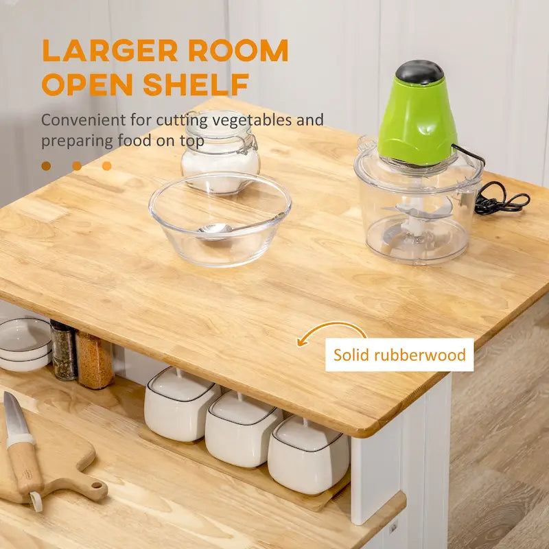 Îlot de cuisine avec armoire de rangement et plateau en bois d'hévéa à 2 niveaux