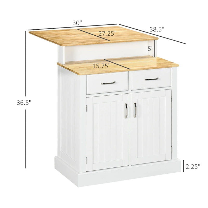 Îlot de cuisine avec armoire de rangement et plateau en bois d'hévéa à 2 niveaux