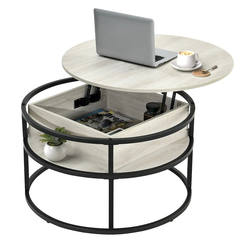 Table basse ronde à plateau relevable avec rangement dissimulé