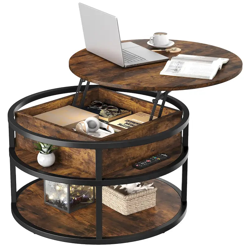 Table basse ronde à plateau relevable avec rangement dissimulé