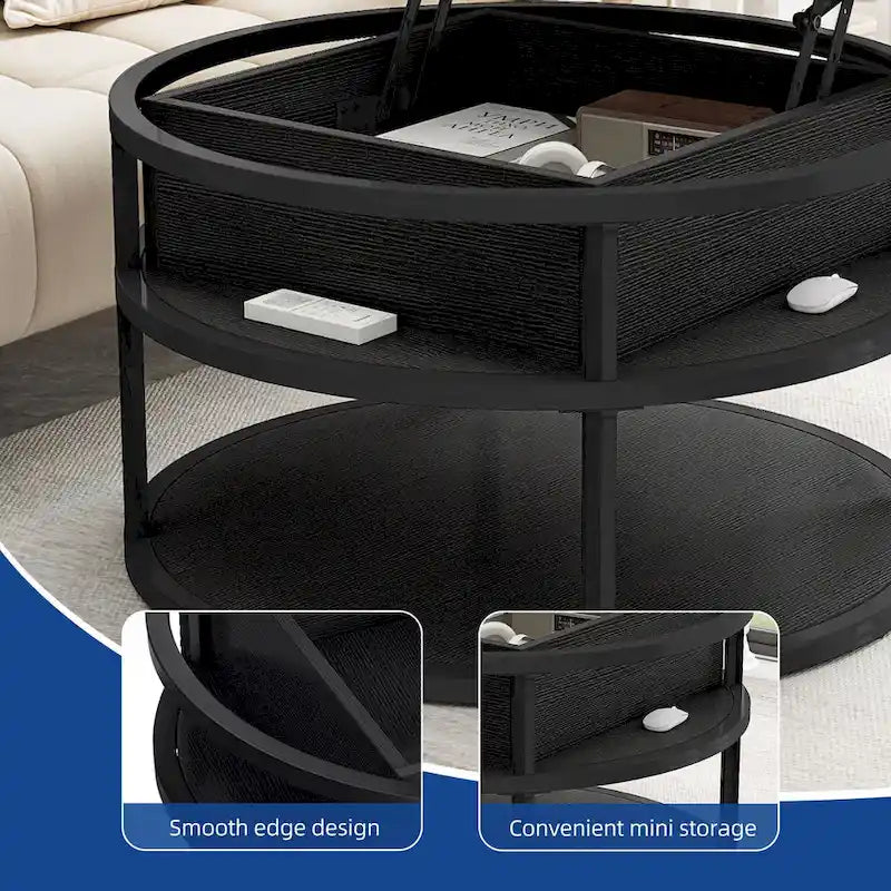 Table basse ronde à plateau relevable avec rangement dissimulé