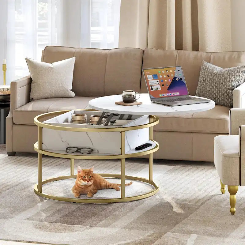 Table basse ronde à plateau relevable avec rangement dissimulé