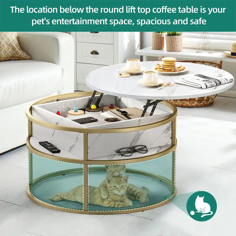 Table basse ronde à plateau relevable avec rangement dissimulé