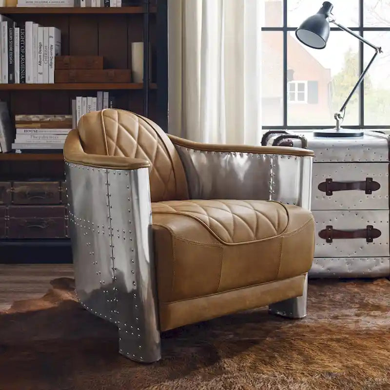 Fauteuil d'appoint industriel rétro en cuir pleine fleur et aluminium