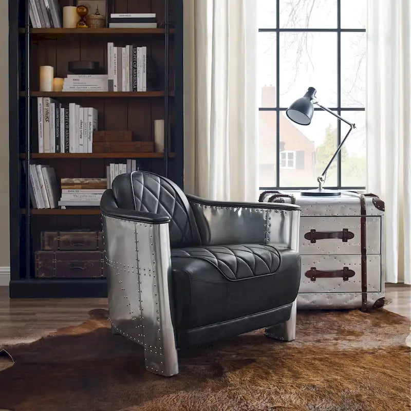 Fauteuil d'appoint industriel rétro en cuir pleine fleur et aluminium