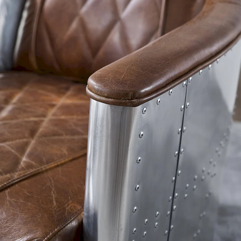 Fauteuil d'appoint industriel rétro en cuir pleine fleur et aluminium