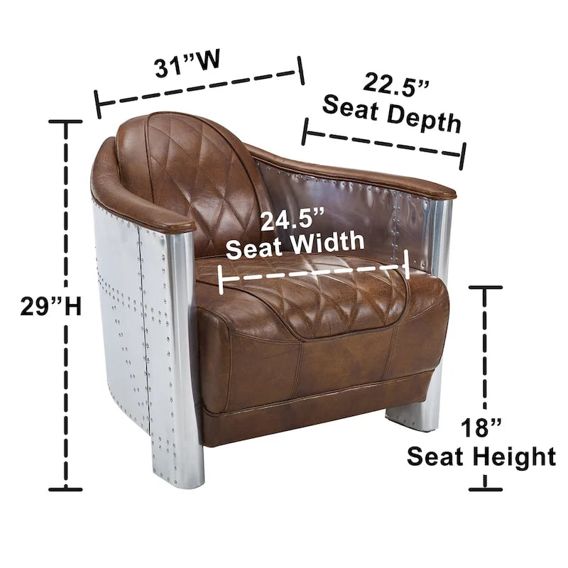 Fauteuil d'appoint industriel rétro en cuir pleine fleur et aluminium