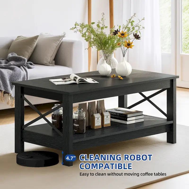 Table basse de ferme avec étagère, table centrale à 2 niveaux pour salon