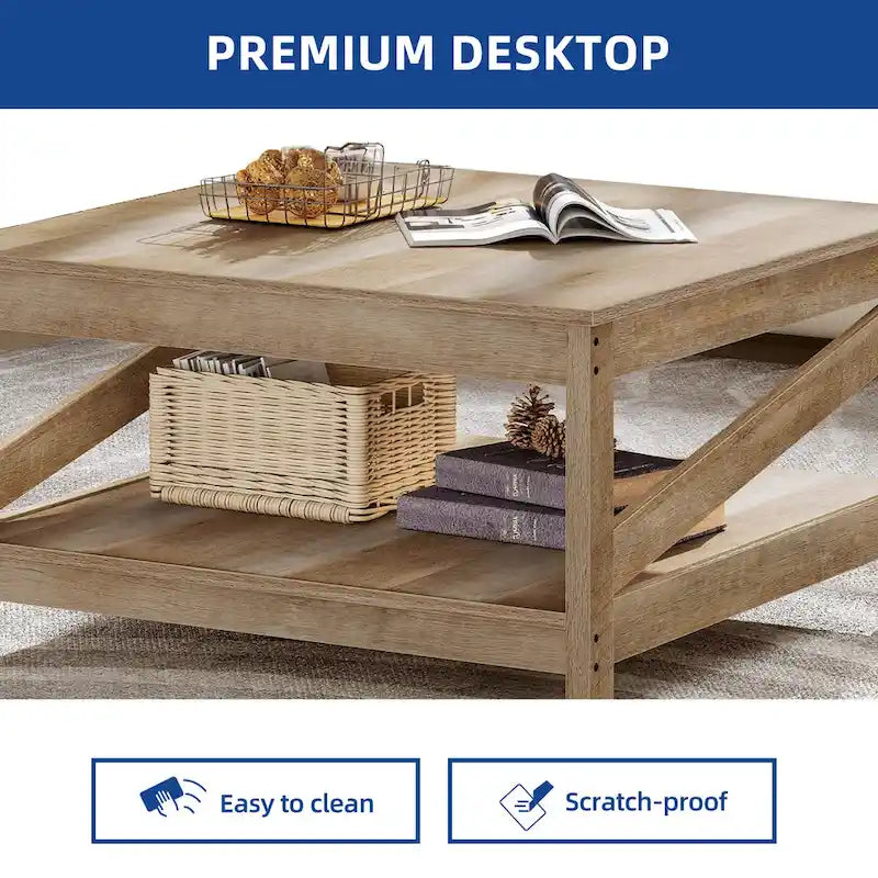 Table basse de ferme avec étagère, table centrale à 2 niveaux pour salon