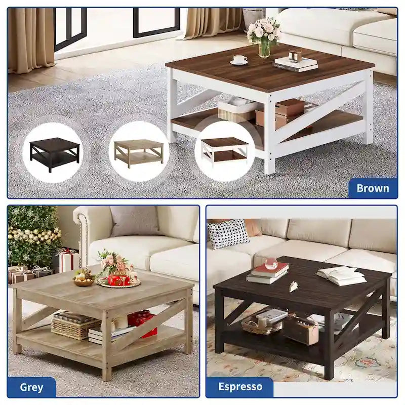 Table basse de ferme avec étagère, table centrale à 2 niveaux pour salon