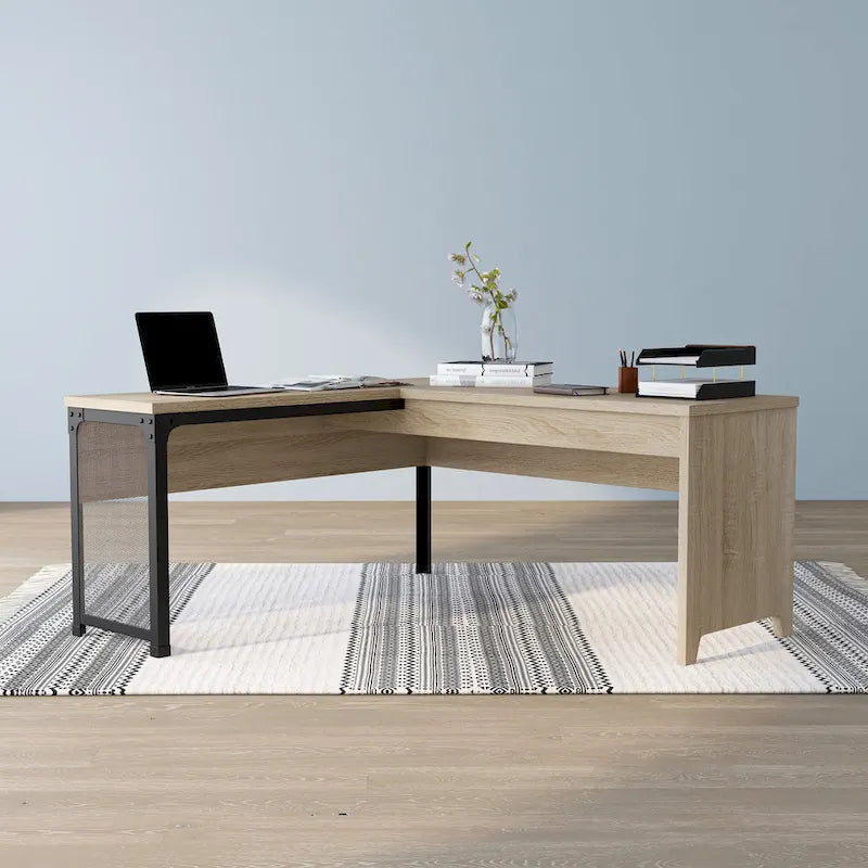 Bureau debout en L en métal chêne de 65 pouces