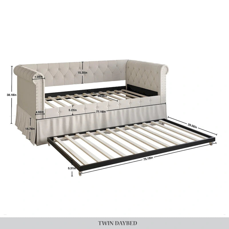 Lit de repos double en lin avec tiroir gigogne
