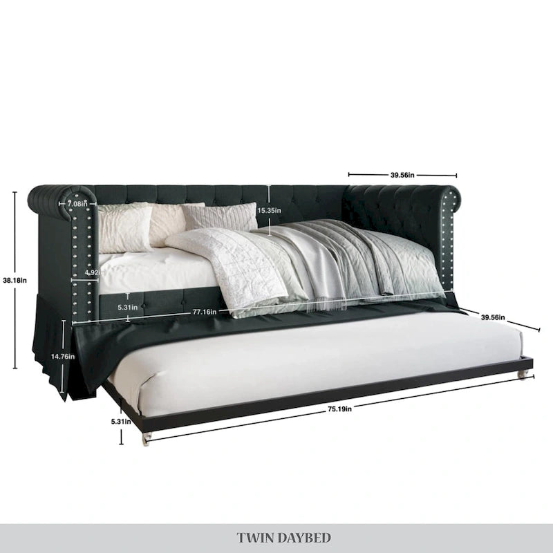 Lit de repos double en lin avec tiroir gigogne