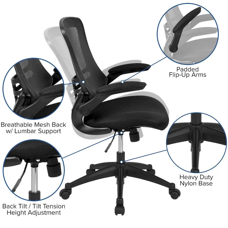 Chaise de bureau ergonomique pivotante en maille à dossier mi-haut avec accoudoirs relevables