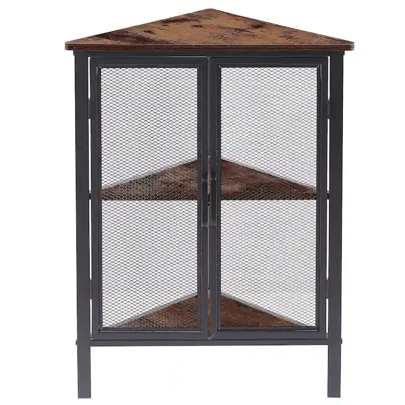 Table d'angle triangulaire industrielle avec double porte et étagère de rangement à 3 niveaux