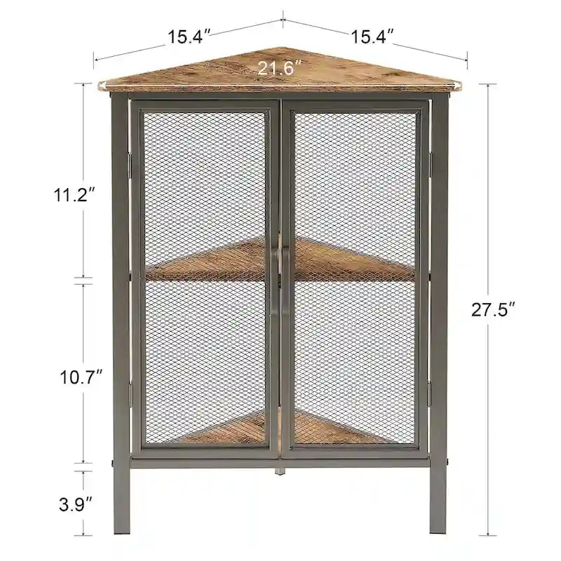 Table d'angle triangulaire industrielle avec double porte et étagère de rangement à 3 niveaux
