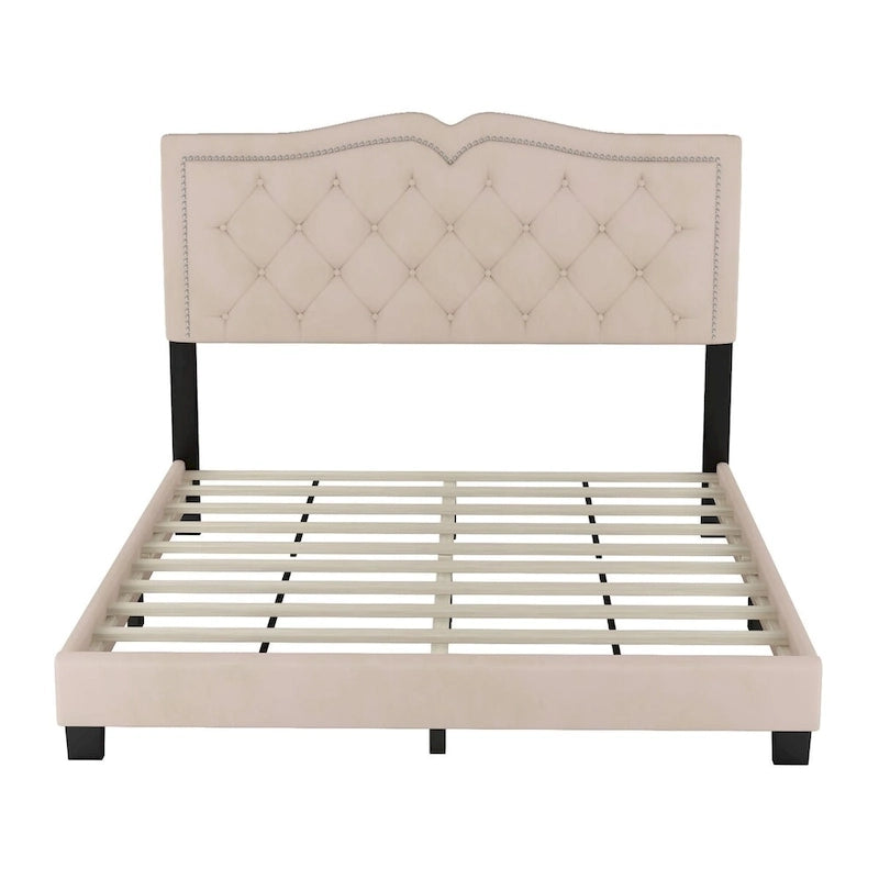 Lit plateforme capitonné en velours avec tête de lit capitonnée