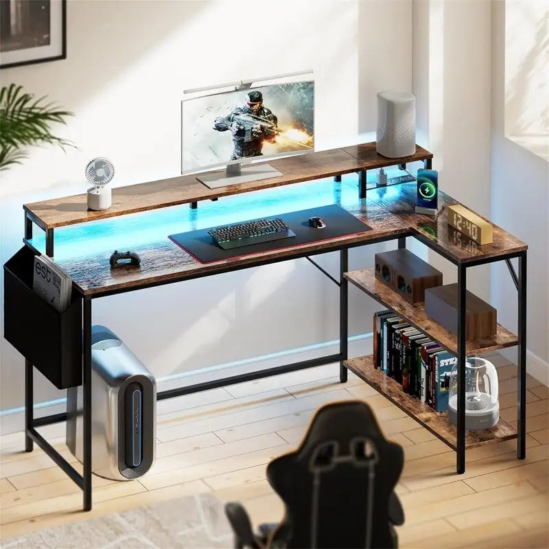 Bureau gaming en L avec lumières LED